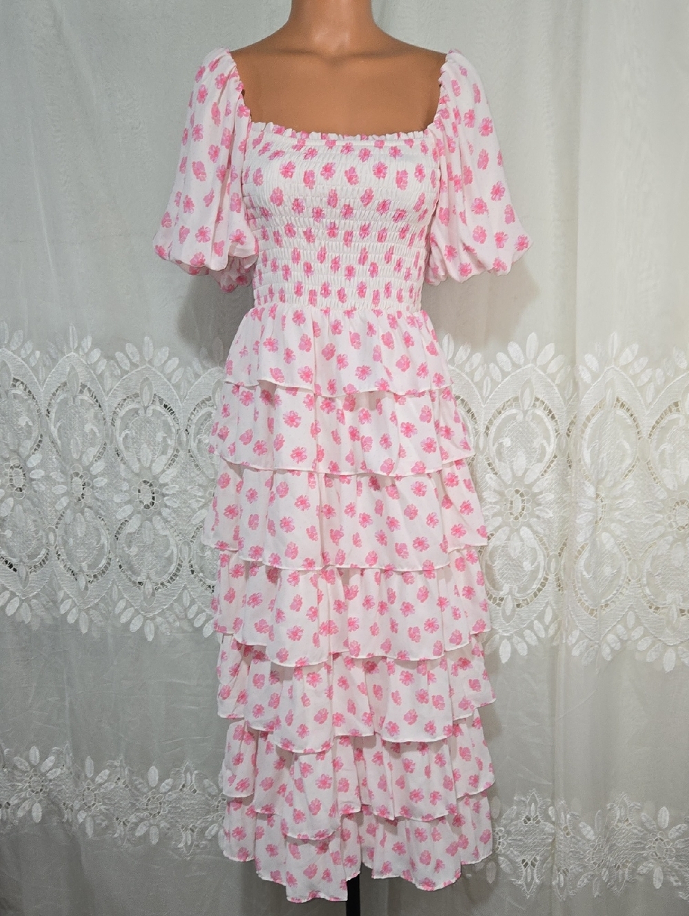 Francesca's Pink Floral Smocked Square-Neck Pink Floral Tiered Midi Dress Small
